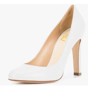 FSJ White Round Toe Formal Pumps Slip On Office Dress Shoe Chunky Heel Shoe